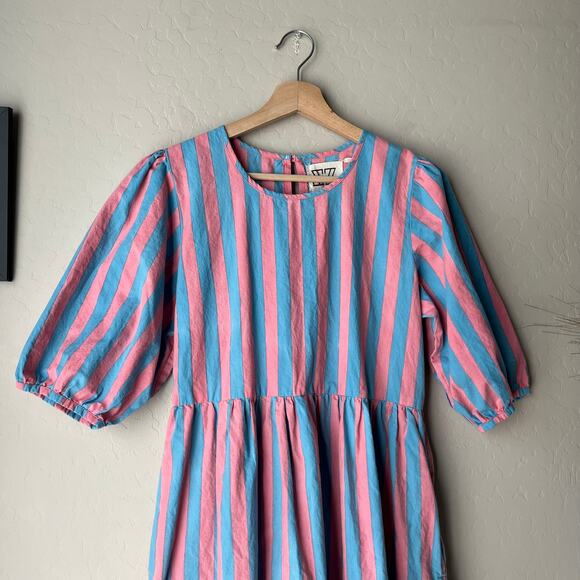SZ Blockprints Gaia Pink Blue Striped Puff Sleeve Tiered Maxi Dress Size Small - Picture 5 of 11